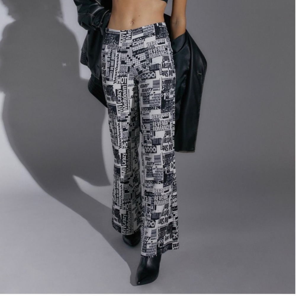 Newspaper print flare pants